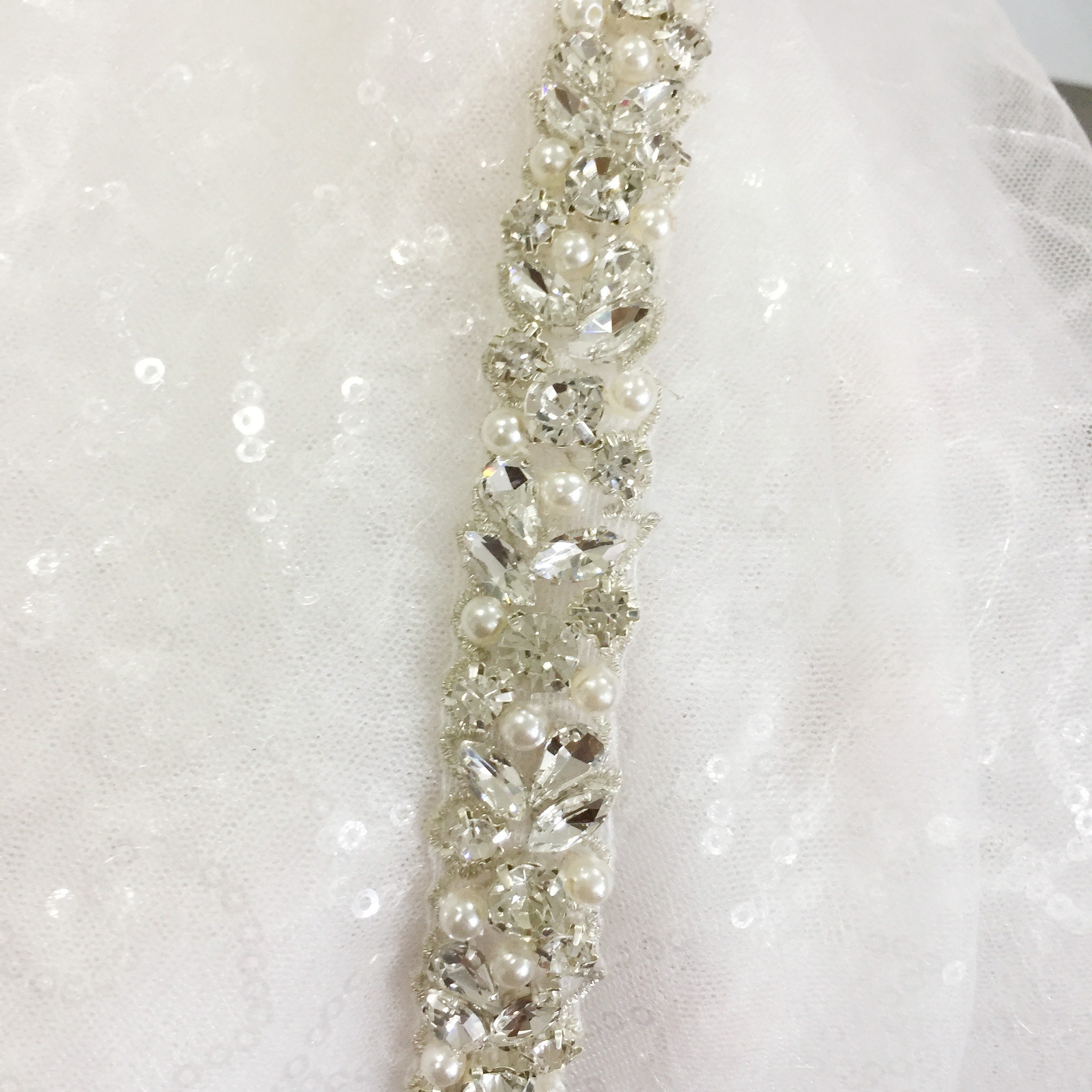 1 Yard Thin rhinestone and pearl beaded trim for wedding belt | Etsy