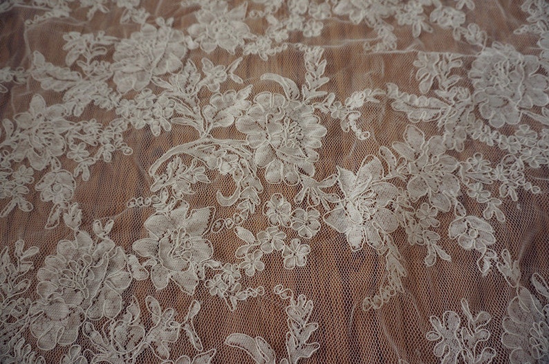 May include: White floral lace fabric with a delicate pattern. The lace is on a sheer mesh background.