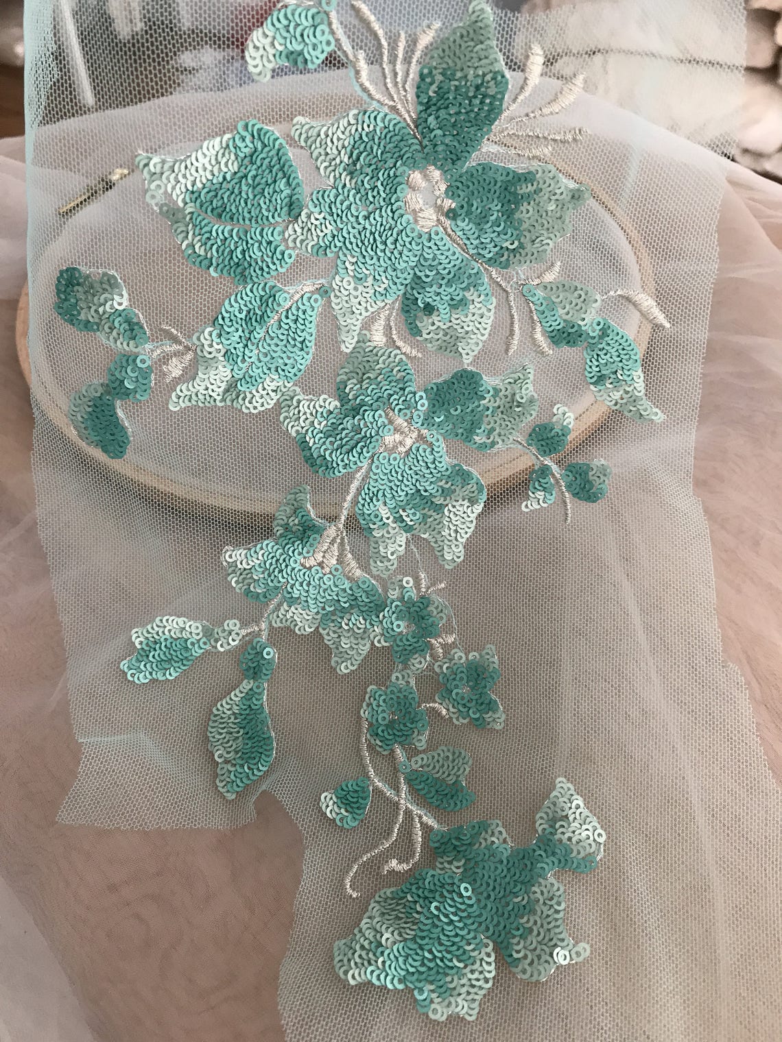 aqua floral applique gown