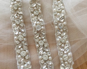 Thin Crystal Rhinestone Pearl Bead Trim Sew Iron Applique For Wedding Dress Belt 
