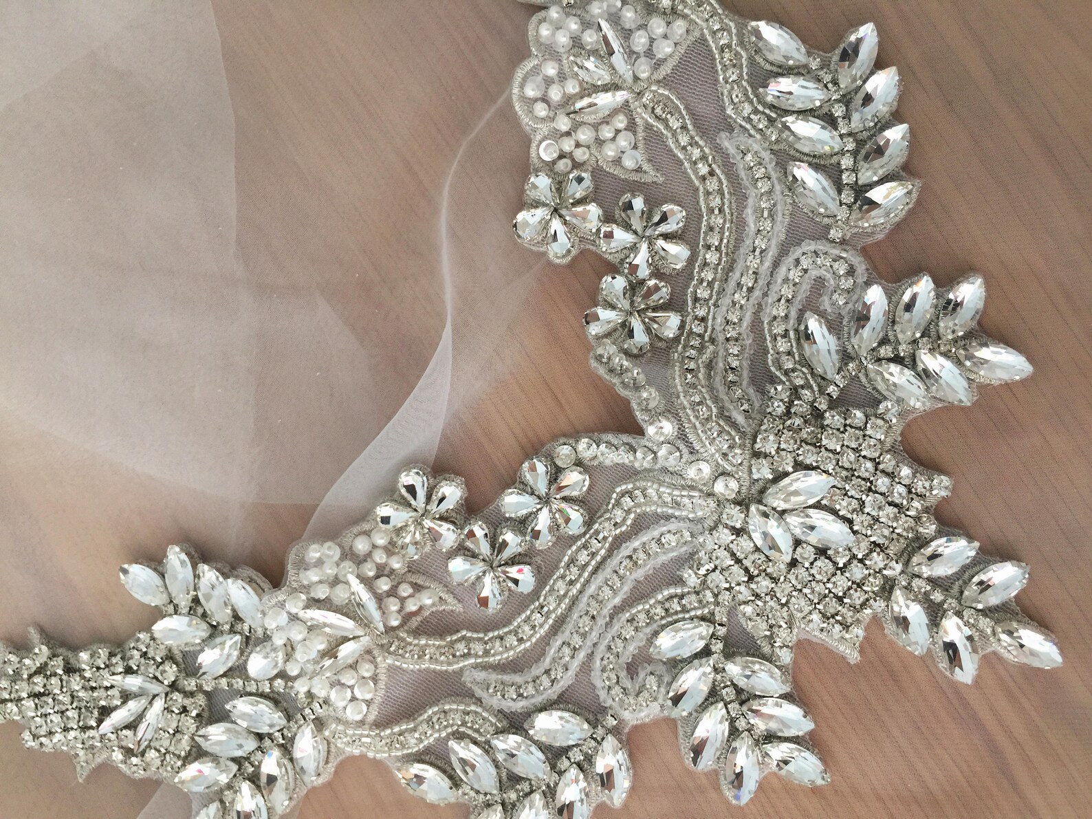 White/Silver Rhinestone Hand Beaded Applique BUTA-036 Fabric