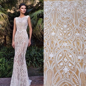 Off White Sequin Lace Fabric, Vintage Bridal Gown Couture