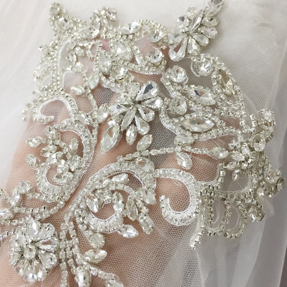 Rhinestone Crystal Appliques, Tulle Crystal Beading Lace Collar With Lace  Backingfor Wedding Dresses Belt Bridal Cover up 15x20cm 