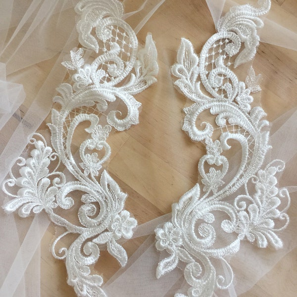 Clear Sequin Floral Embroidery Lace Applique Pair , Nice Bridal Lace Motif Patch 30x8 cm
