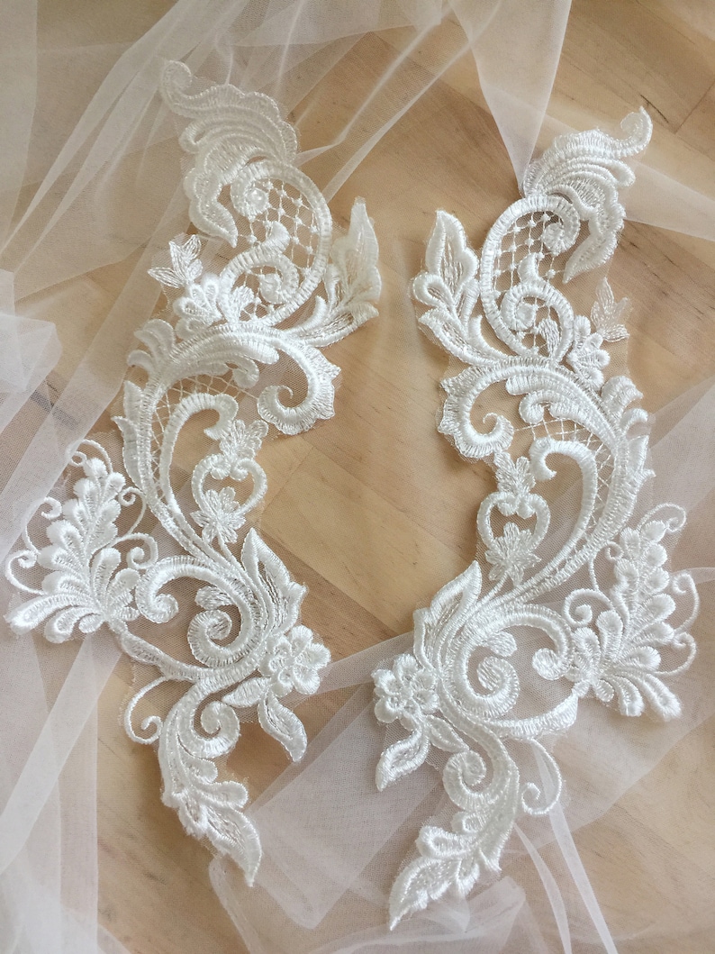 Clear Sequin Floral Embroidery Lace Applique Pair Nice Bridal Lace Motif Patch 30x8 cm