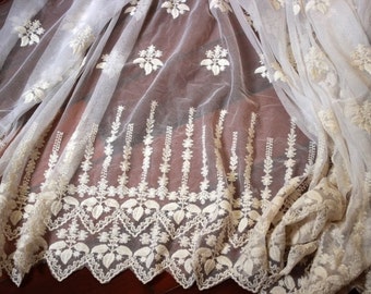 Off White Embroidered Lace Fabric: Floral Bridal French Lace