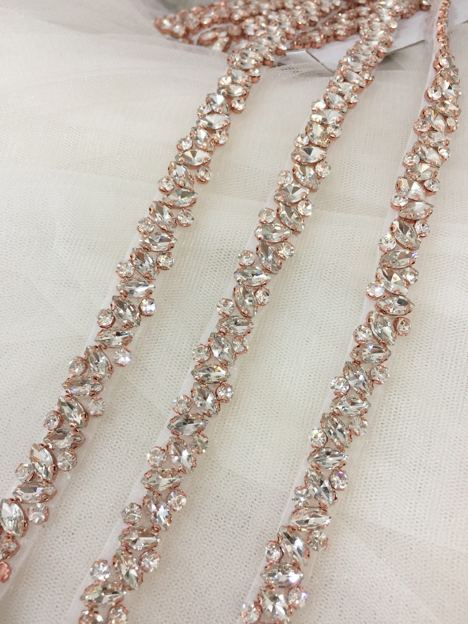 Rose Gold Thin Rhinestone and Crystal Beaded Lace Trim Wedding Etsy