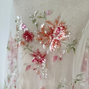 1 Yard Light Pink 3D Beaded Flower Geometric Couture Lace Fabric with Rose Design Tulle ,Wedding Dress Bridal Lace Fabric by Yard