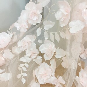 Blush 3D Flower Lace Fabric, Bridal Wedding Gown Tulle, By The Yard