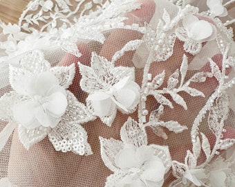 Tessuto in pizzo ricamato con perline a forma di rosetta 3D, da 1 metro, tagliato su misura per abito da sposa, abito da ballo, veli da sposa