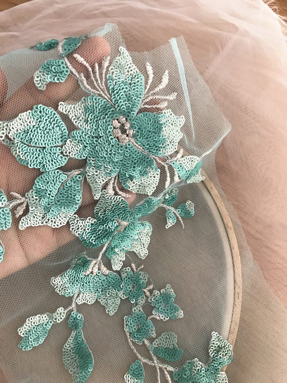 Applique Di Lusso Fatta A Mano Con Cristalli, Perline E Paillettes Su Pizzo - Blu, Per Abiti Da Sposa O Decorazioni