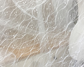 1 Yard Clear Sequin Striped Tulle Embroidery Lace Fabric in Off White, Bridal gown wedding dress lining cover up fabric lace