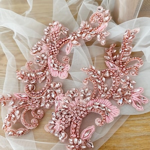 Pink Handmade Couture Flower Rhinestone Beading , Dance COSTUME Sew on Applique Bridal Bodice Belt Sash Wedding Motif