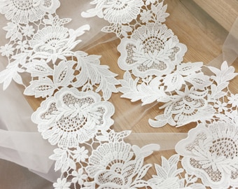 Exquisite Venice Embroidery Crochet 3D Lace Trim by Yard , Bridal Veil Lace Gown FlowerLeaf Motif Applique Trim 9 cm wide