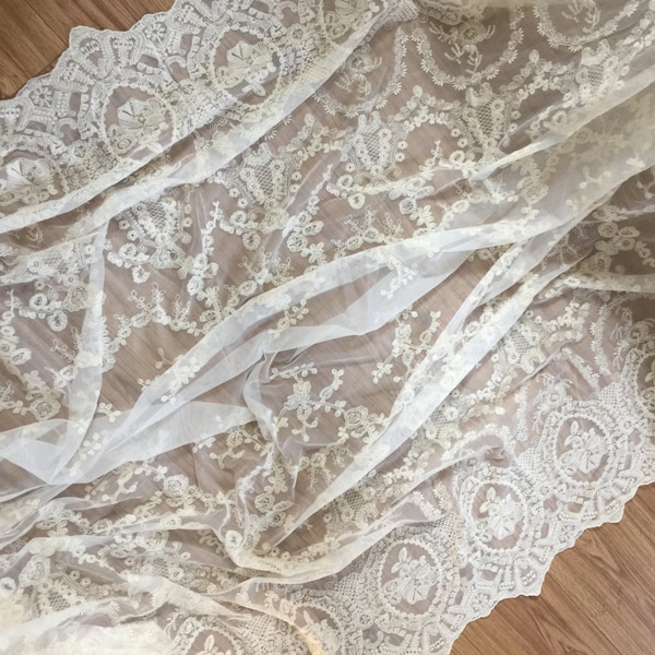 Vintage Style Lace Fabric in Off White, French Lace Fabric, Wedding Fabric, Cotton Embroidered Lace by Yard