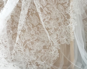Floral Alencon Lace Fabric, Crochet Rose, Bridal Wedding Gown, Ivory