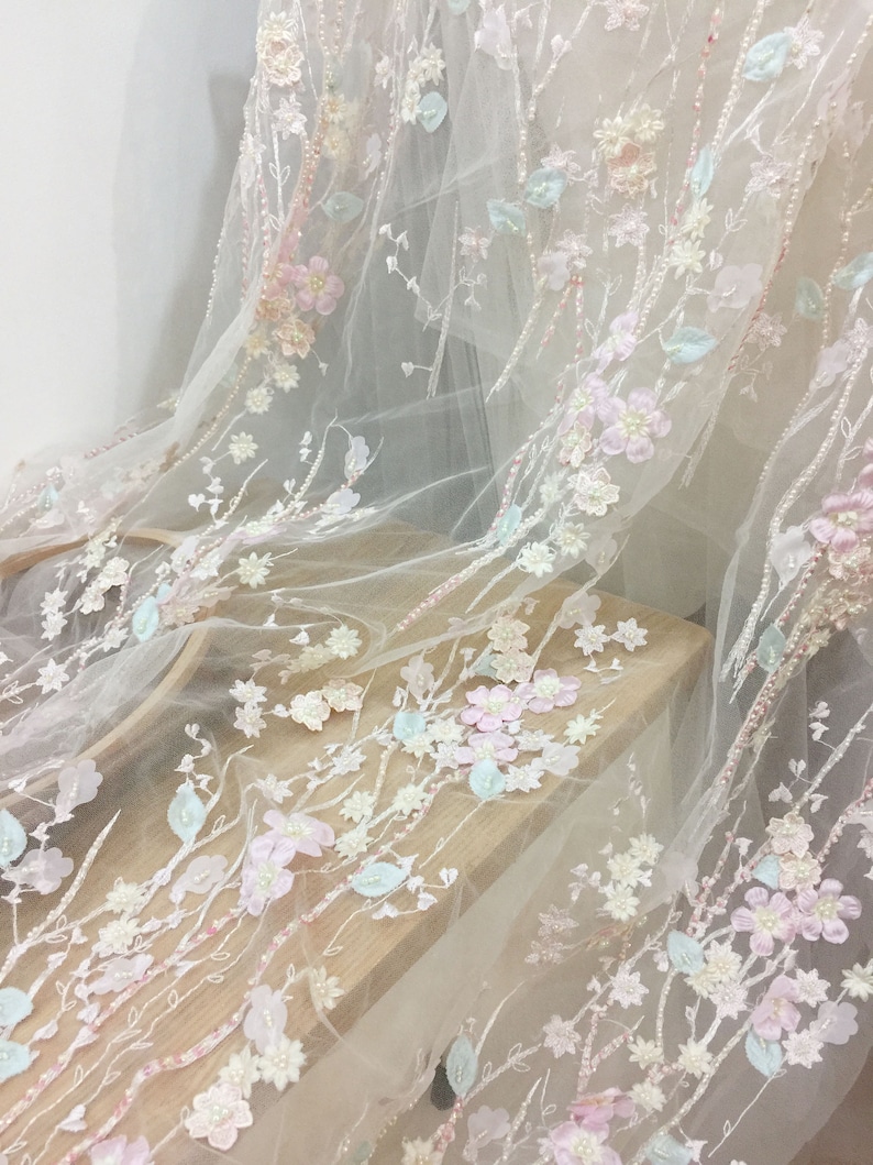 Bridal Dress Wedding Gown Acessories Luxury 3D Beaded Full Blossom Lace Fabric in Pastel Pink for Haute Couture