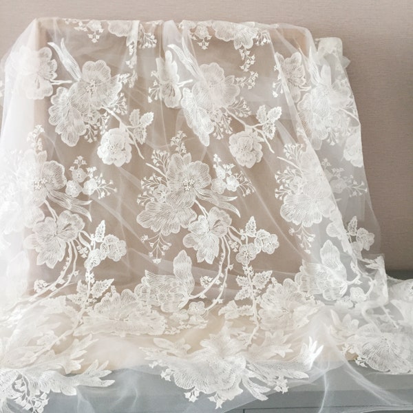 1 Yard Big Flower Wedding Lace Tulle Embroidery Floral Off-White Drape Lace Fabric for Bridal Gown Dress Train Wedding Veils