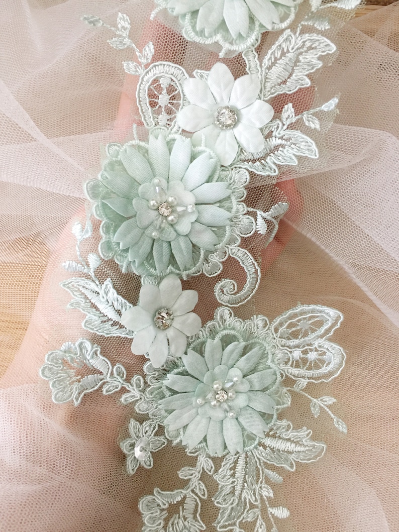 3D Beaded Bridal Lace Applique in Mint Green for Wedding Belt Applique, Veils, Headbands, Sash applique, Garters image 1