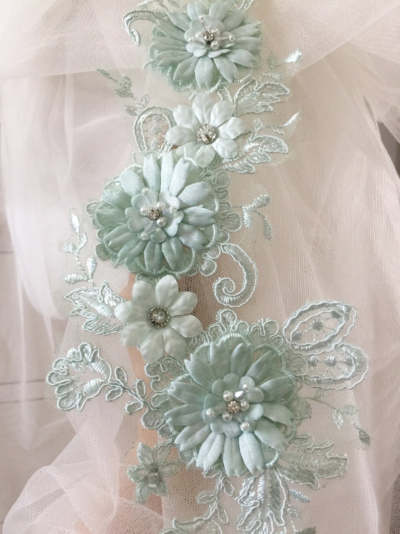 3D Beaded Bridal Lace Applique in Mint Green for Wedding Belt Applique, Veils, Headbands, Sash applique, Garters image 3