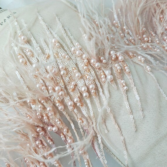 3D Peach Pearl Beaded Lace Trim with Ostrich feather for | Etsy