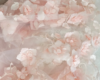 Pale Pink 3D Full Blossom Flower Tulle Lace Fabric, Chic Rosette Wedding Gown Bridal Dress Prom Dress Fabric by Yard