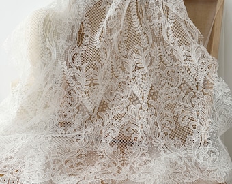 Ivory Alencon Lace Fabric, Crochet Rose Floral Embroidery, Bridal Wedding Gown