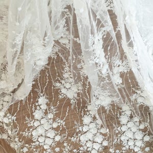 Ivory 3D Rosette Lace Fabric: Sequined Leaf Embroidery Bridal Gown Fabric