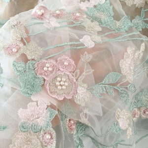 1 Yard Pastel 3D Pearl Beading Applique Flower Blossom Embroidery Lace Fabric by Yard for Wedding Gown Prom Dress Bridal Veils
