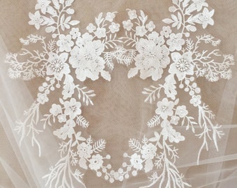 Grande robe de mariée en dentelle applique, ivoire clair, paire en miroir unique, applique en dentelle de feuille, robe de mariée corsage manches d’épaule applique dentelle