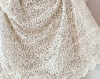 Vintage Style Double Scallop Cotton Lace Fabric in Beige, French Tulle Lace Fabric, Wedding Fabric, Cotton Embroidered Lace by Yard