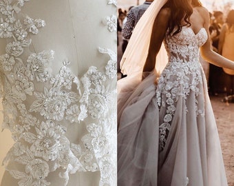 Luxury ivory 3D hand beaded bridal lace applique for wedding gown bodice, lace veils, lace cape couture design