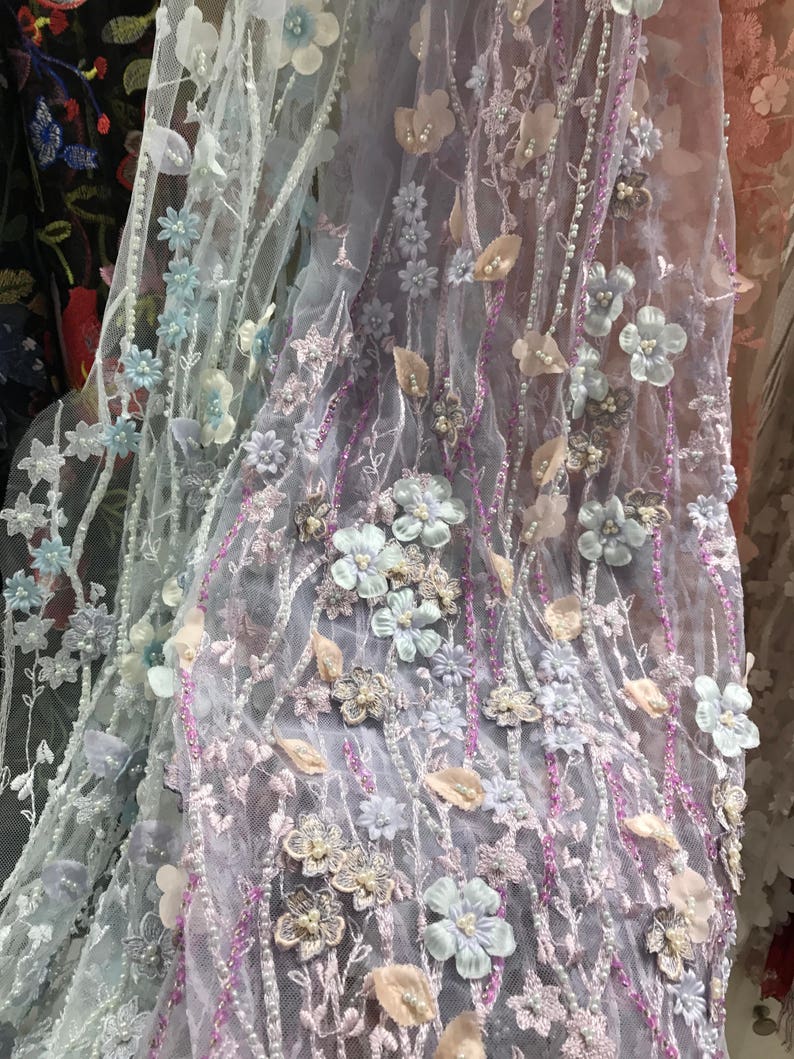 Bridal Dress Wedding Gown Acessories Luxury 3D Beaded Full Blossom Lace Fabric in Pastel Pink for Haute Couture