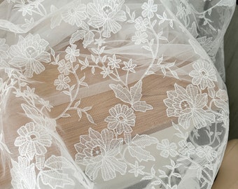 1 Yard Ivory Alencon Lace Fabric, Embroidery Bridal Lace Fabric, Wedding Gown Lace, Leaf Cord Lace Fabric