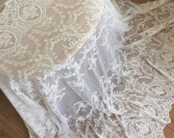 Tela de encaje bordado de algodón blanco roto: tela de boda de estilo vintage
