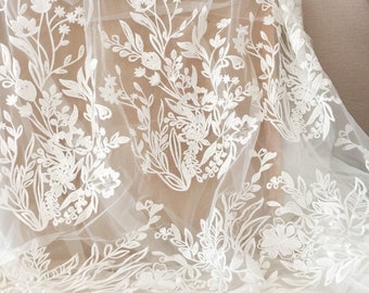Floral Embroidery Lace Fabric - Off-White Sequin Tulle, Bridal Gown Veil