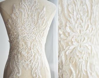 Exquisite Wedding Lace Applique in Ivory  , Illusion Bridal Veil Applique for Wedding Gown Back , Bridal Dress Decor, Bodice