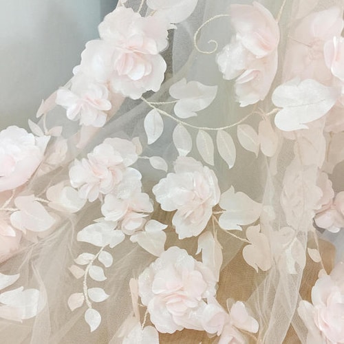 Blush 3D Flower Lace Fabric, Bridal Wedding Gown Tulle, by the