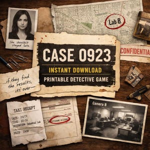 May include: A vintage-style detective game titled "CASE 0923" with "INSTANT DOWNLOAD PRINTABLE DETECTIVE GAME". Includes a map, photo, taxi receipt, and other clues. The photo says "Camera B". The map has a circle around "Lab B".