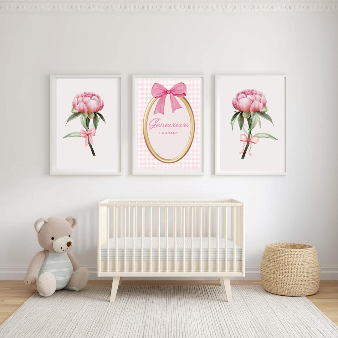 Personalized Baby Girl Nursery Art | Pink Floral Bow Decor (digital ...