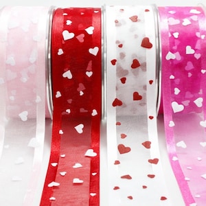 Pink with White Hearts 1.5 Inch Sheer / Satin Edge / Hearts Ribbon by the Yard