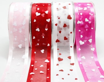 Pink with White Hearts 1.5 Inch Sheer / Satin Edge / Hearts Ribbon by the Yard
