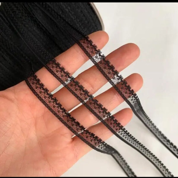 Delicado encaje negro de 1/4 de pulgada cortado a medida, ribete de muñeca blanco, ribete negro