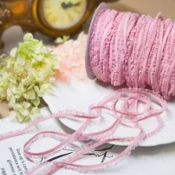 Pink .25 Inch ruffled Stretch chiffon Trim By the Yard Doll Trim Crochet Choker Necklace Crown lingerie