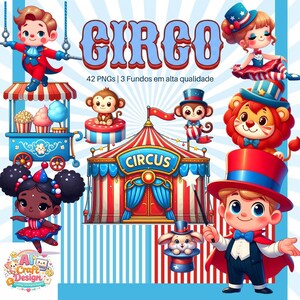 Pode incluir: Uma ilustração digital com tema de circo. Inclui uma tenda de circo, um carrinho de pipocas e algodão doce, e vários personagens de desenhos animados, como um leão, macacos e um mágico. A palavra "CIRCO" é exibida em destaque.
