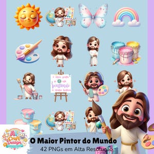 May include: A collection of colorful digital art elements, including a smiling sun, a rainbow, a butterfly, paint buckets, paint palettes, and cartoon figures of a man with a beard. The text "O Maior Pintor do Mundo" is visible.