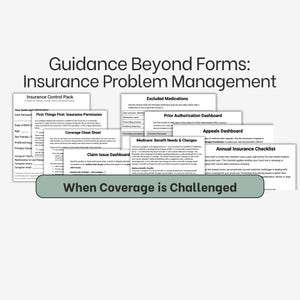 Pode incluir: Uma coleção de documentos informativos com o título "Guidance Beyond Forms: Insurance Problem Management". Os documentos incluem títulos como "Insurance Control Pack", "Excluded Medications" e "Annual Insurance Checklist". A frase "When Coverage is Challenged" também é visível.