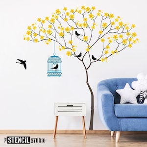 Tree Stencils - Nursery Stencils - Wall Mural Stencils - Triangle Tree with Birdcage, Birds and Leaves - Complete Stencil Pack 10986