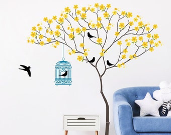 Tree Stencils - Nursery Stencils - Wall Mural Stencils - Triangle Tree with Birdcage, Birds and Leaves - Complete Stencil Pack 10986