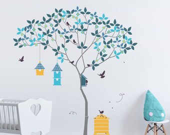 Triangle Tree with Bees, Birdhouses, Birds and Leaves - Complete Stencil Pack- Reusable Nursery Tree Stencils - Wall Mural Stencils -  10995